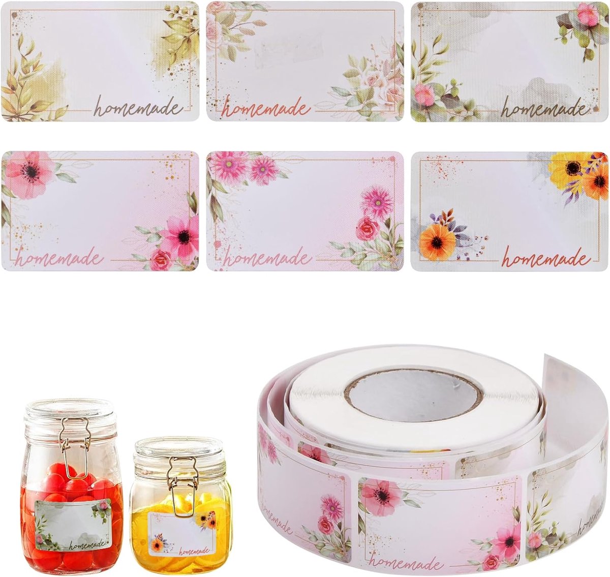 Self-adhesive jam labels - 500 pieces - 3x5 cm - easy-to-remove adhesive food labels - with floral pattern - for refrigerator, kitchen containers, and bottles - Image 1