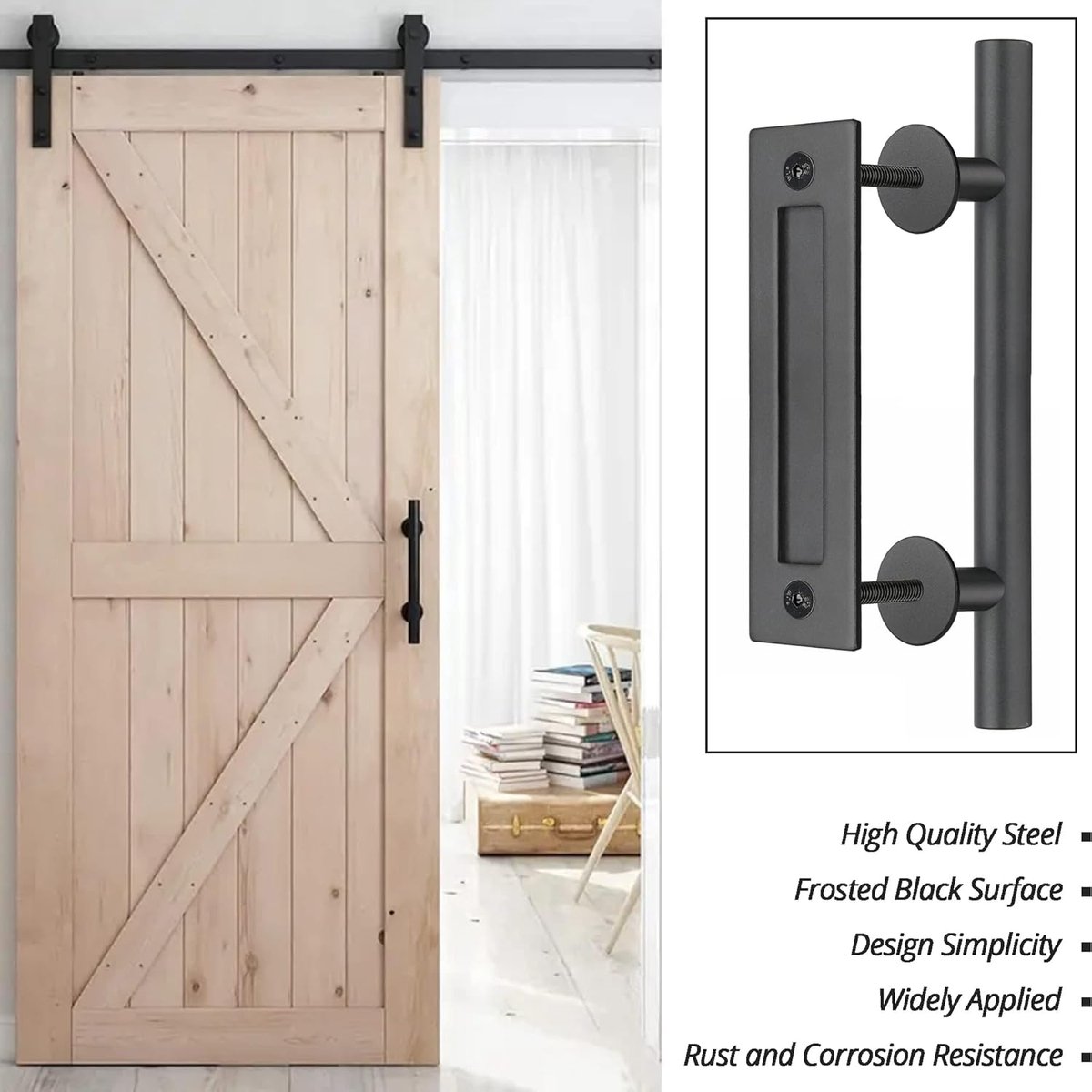 30 cm - Sliding Door Handle - Door Knob - Garage Handle - Sliding Door Knob Set - Barn Door Handles - Heavy Duty - With Screws - For Garage Door Cabinet - Black - Image 3