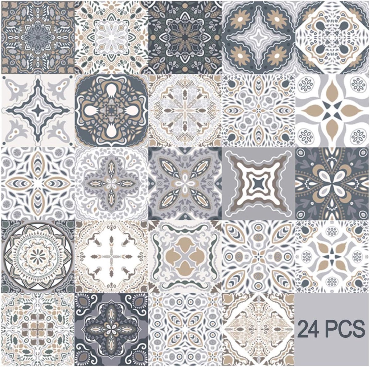 24 Pieces PVC Mosaic Tile Sticker - 10x10 cm - Adhesive Tiles - Moroccan Wall Tile - Waterproof Wallpaper - Decorative Film Furniture Film - Self-Adhesive Tiles - for Kitchen, Cabinet, Furniture, Table - Decorative Sticker Tiles - Adhesive Film Tile Stick - Image 1