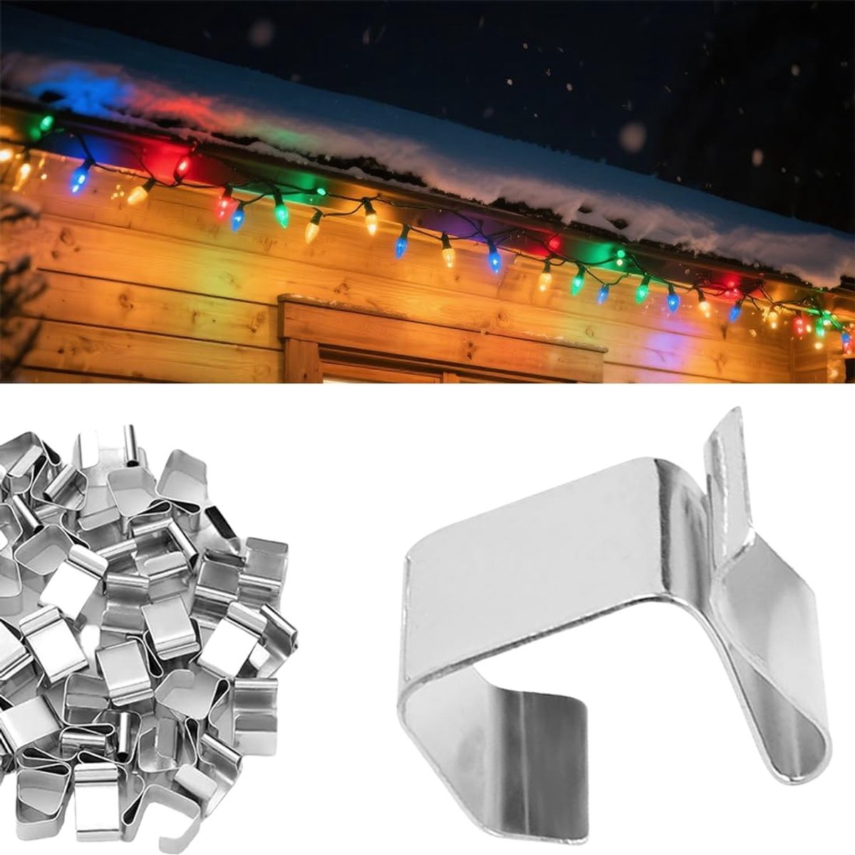50 pieces - Christmas Lighting Gutter Hooks - Light Hose Clamps - Christmas Lighting Clips - Weatherproof Metal Gutter Clamp - Festive Lighting Clamps - Cable Clips - Christmas Decoration Hooks - for Christmas and Halloween Seasonal Cord - Silver - 20*14 - Image 1