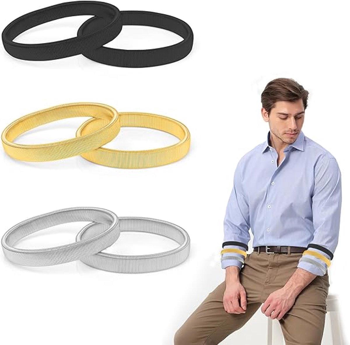 Sleeve Holder - 3 Pairs - Sleeve Holder - Sleeve Holders for Women and Men - Classic - Elastic - Women and Men - Sleeve Holders - Unisex Elastic Bracelets - Metal Sleeve Holders - Anti-Slip Bracelet - Image 1