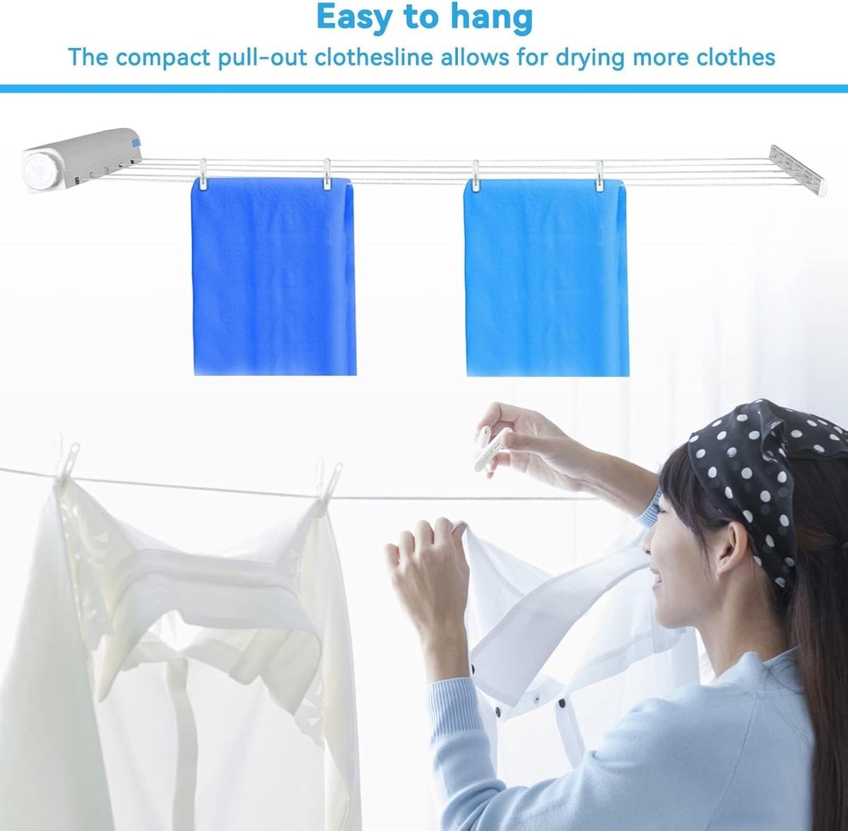 Extendable clothesline - Retractable clothesline - 5 lines of 3.75 m each - Roll-up clothesline - Clothesline - Wall clothesline - Foldable drying rack - Drying rack - Indoor drying rack - White - Image 1