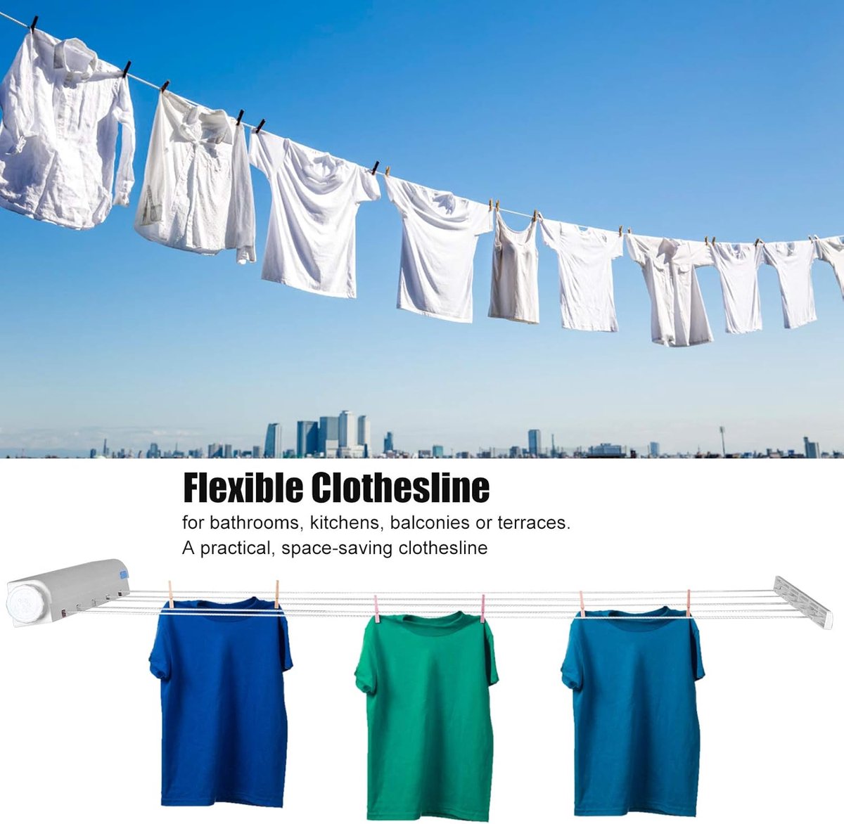 Extendable clothesline - Retractable clothesline - 5 lines of 3.75 m each - Roll-up clothesline - Clothesline - Wall clothesline - Foldable drying rack - Drying rack - Indoor drying rack - White - Image 2
