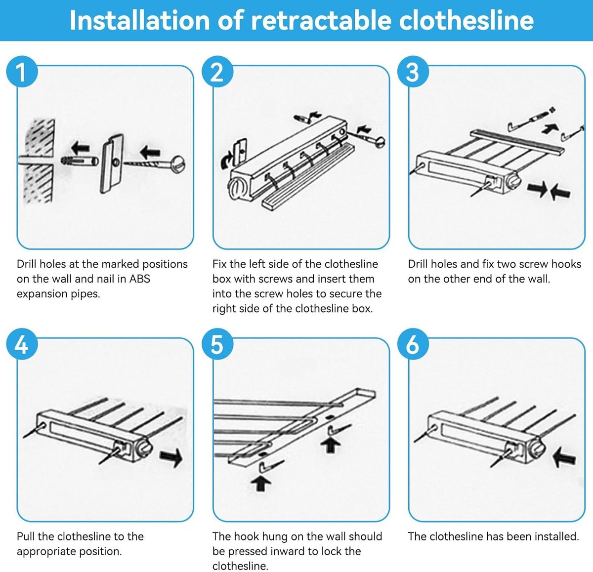 Extendable clothesline - Retractable clothesline - 5 lines of 3.75 m each - Roll-up clothesline - Clothesline - Wall clothesline - Foldable drying rack - Drying rack - Indoor drying rack - White - Image 3