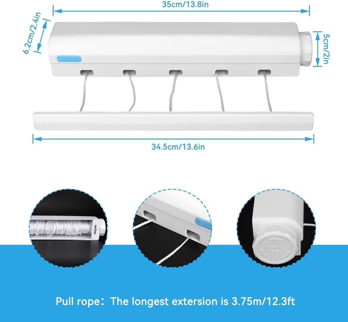 Extendable clothesline - Retractable clothesline - 5 lines of 3.75 m each - Roll-up clothesline - Clothesline - Wall clothesline - Foldable drying rack - Drying rack - Indoor drying rack - White - Image 5
