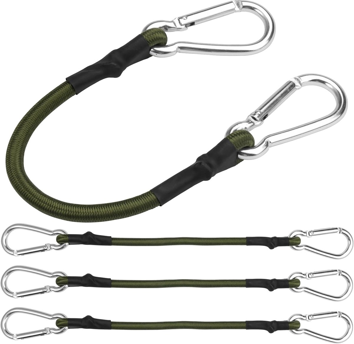 pieces - Elastic cord - with carabiner - 30 cm - Elastic luggage rope - Elastic bands - Luggage straps - Tie-down straps - Expander rope - Bungee cords - Carabiner elastic rope - for camping, sailing, tents, luggage, cars - green - Image 1