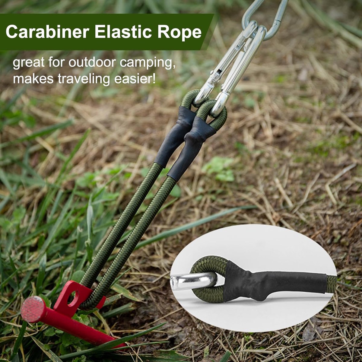 pieces - Elastic cord - with carabiner - 30 cm - Elastic luggage rope - Elastic bands - Luggage straps - Tie-down straps - Expander rope - Bungee cords - Carabiner elastic rope - for camping, sailing, tents, luggage, cars - green - Image 2