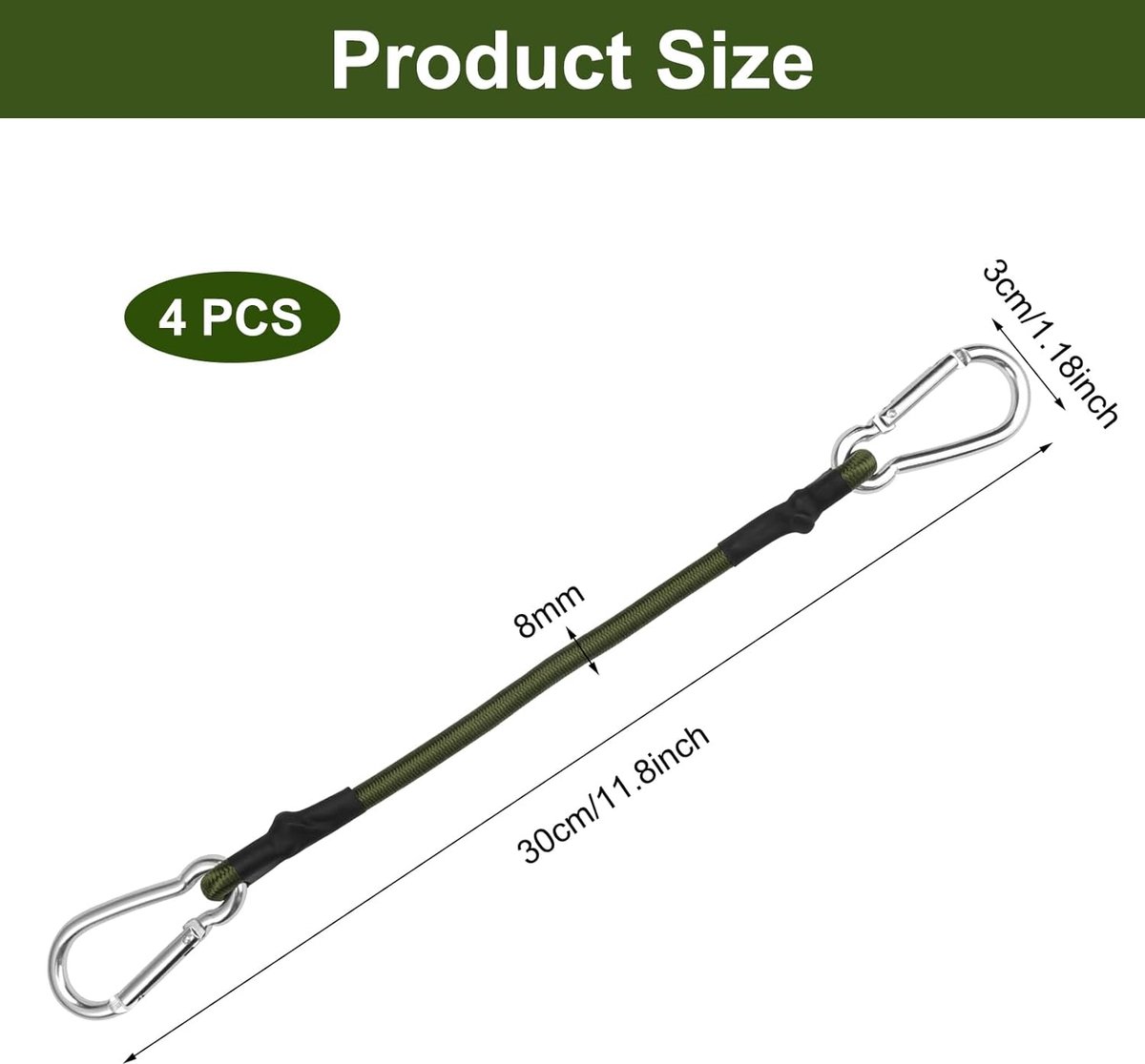 pieces - Elastic cord - with carabiner - 30 cm - Elastic luggage rope - Elastic bands - Luggage straps - Tie-down straps - Expander rope - Bungee cords - Carabiner elastic rope - for camping, sailing, tents, luggage, cars - green - Image 5
