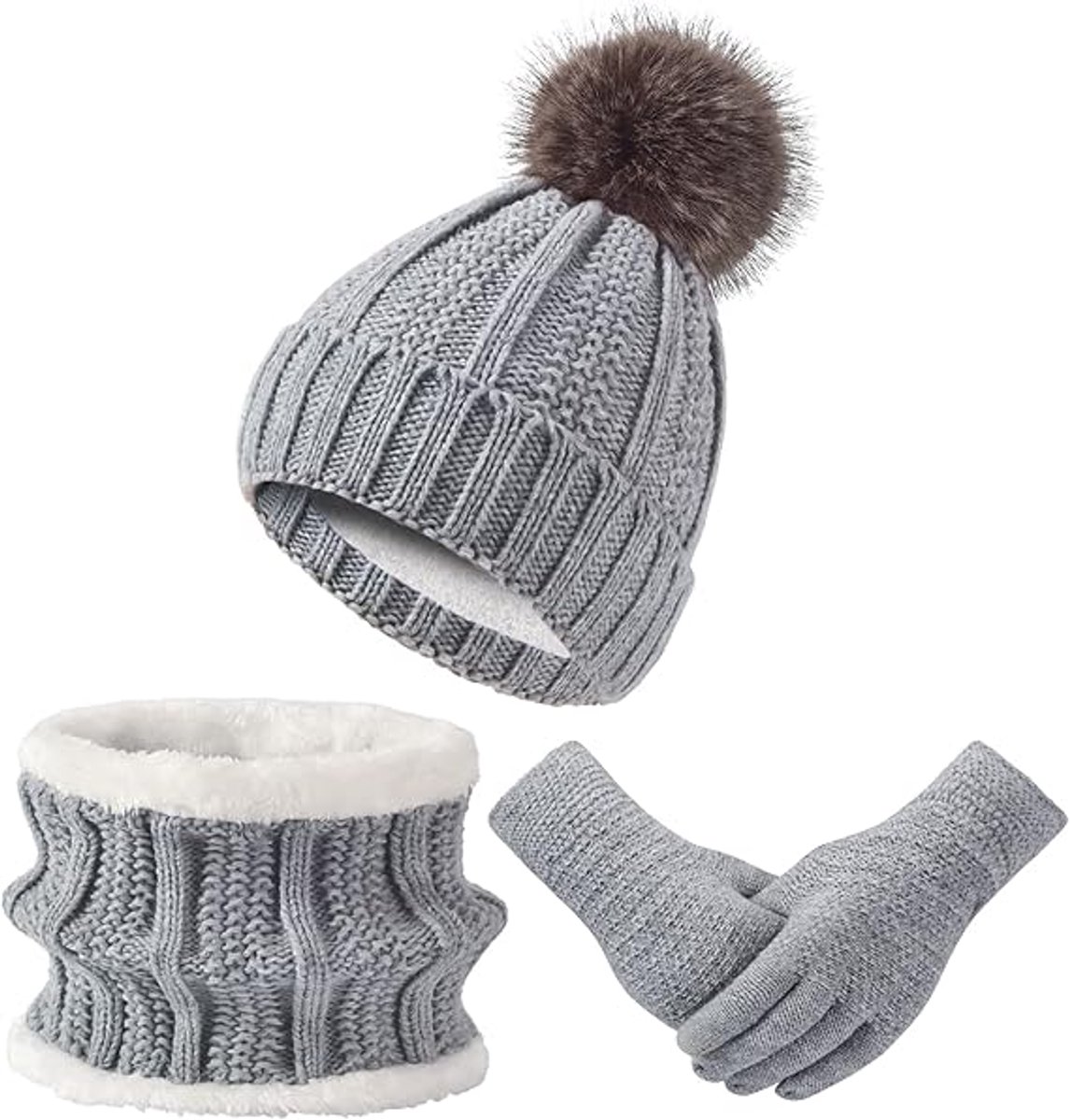 Hat with pompom, scarf and gloves - Three-piece Winter set - knitted fabrics - Warm Baggy Ski Hat - Winter Hat - Neck Warmer - Gloves - Touchscreen Gloves - for Outdoor play, skiing, motorcycling, windproof - for Men, Women - Grey - Image 1