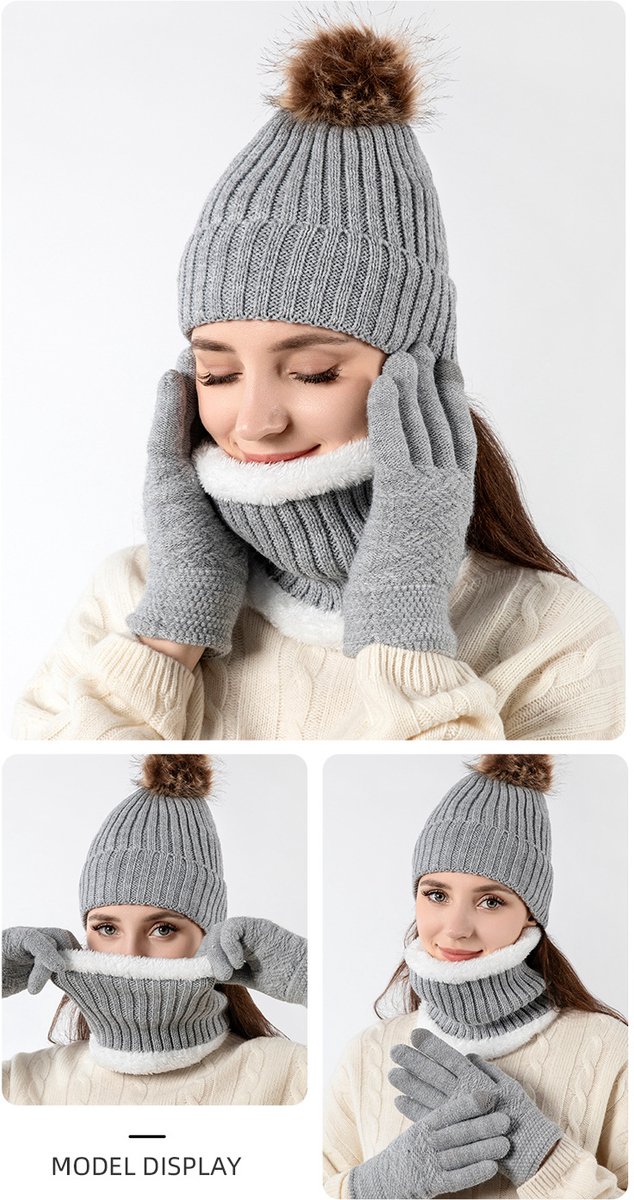 Hat with pompom, scarf and gloves - Three-piece Winter set - knitted fabrics - Warm Baggy Ski Hat - Winter Hat - Neck Warmer - Gloves - Touchscreen Gloves - for Outdoor play, skiing, motorcycling, windproof - for Men, Women - Grey - Image 2