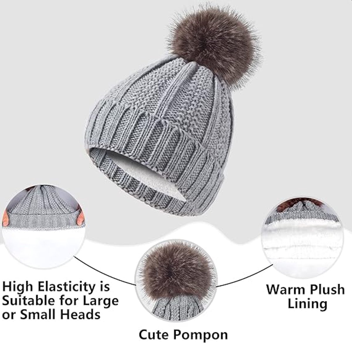 Hat with pompom, scarf and gloves - Three-piece Winter set - knitted fabrics - Warm Baggy Ski Hat - Winter Hat - Neck Warmer - Gloves - Touchscreen Gloves - for Outdoor play, skiing, motorcycling, windproof - for Men, Women - Grey - Image 3