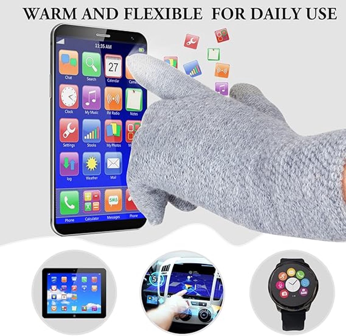 Hat with pompom, scarf and gloves - Three-piece Winter set - knitted fabrics - Warm Baggy Ski Hat - Winter Hat - Neck Warmer - Gloves - Touchscreen Gloves - for Outdoor play, skiing, motorcycling, windproof - for Men, Women - Grey - Image 4