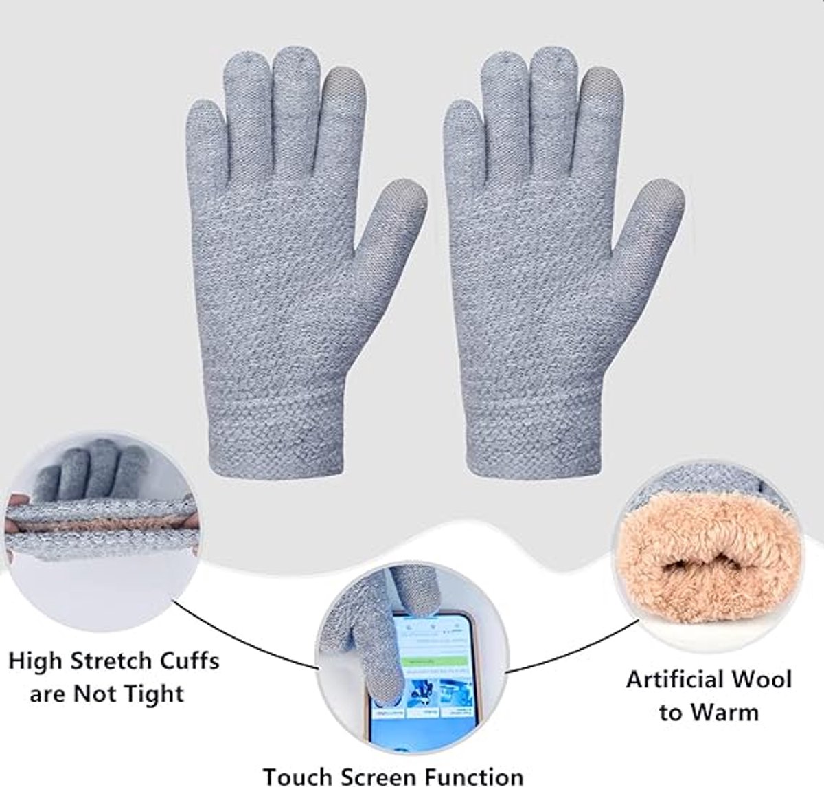 Hat with pompom, scarf and gloves - Three-piece Winter set - knitted fabrics - Warm Baggy Ski Hat - Winter Hat - Neck Warmer - Gloves - Touchscreen Gloves - for Outdoor play, skiing, motorcycling, windproof - for Men, Women - Grey - Image 6
