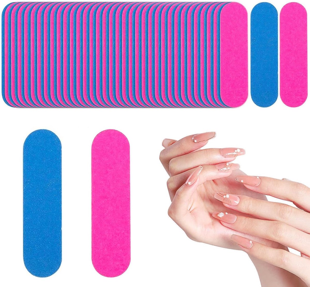 100 pieces - Sanding strips - Nail file - Mini wood file - Shaping nails - nail sanding strips - mini nail file - nail file set - mini nail files - manicure instruments - manicure - for home and salon use - 180/240 grit - 5*1.3 cm - pink, blue - Image 1