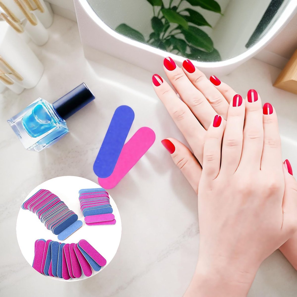 100 pieces - Sanding strips - Nail file - Mini wood file - Shaping nails - nail sanding strips - mini nail file - nail file set - mini nail files - manicure instruments - manicure - for home and salon use - 180/240 grit - 5*1.3 cm - pink, blue - Image 4