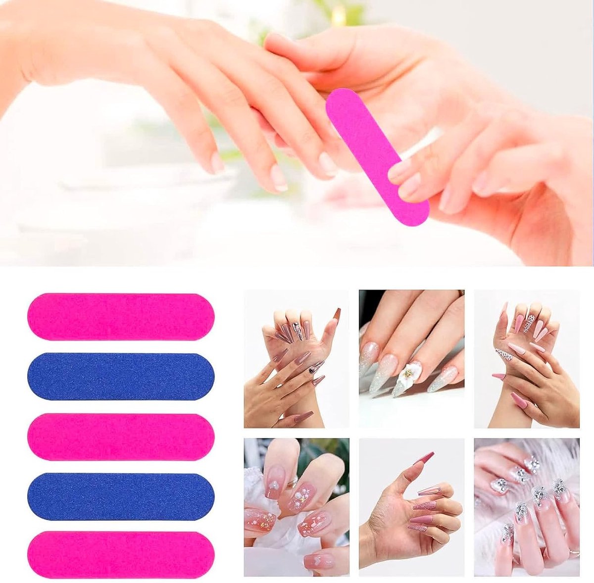 100 pieces - Sanding strips - Nail file - Mini wood file - Shaping nails - nail sanding strips - mini nail file - nail file set - mini nail files - manicure instruments - manicure - for home and salon use - 180/240 grit - 5*1.3 cm - pink, blue - Image 6