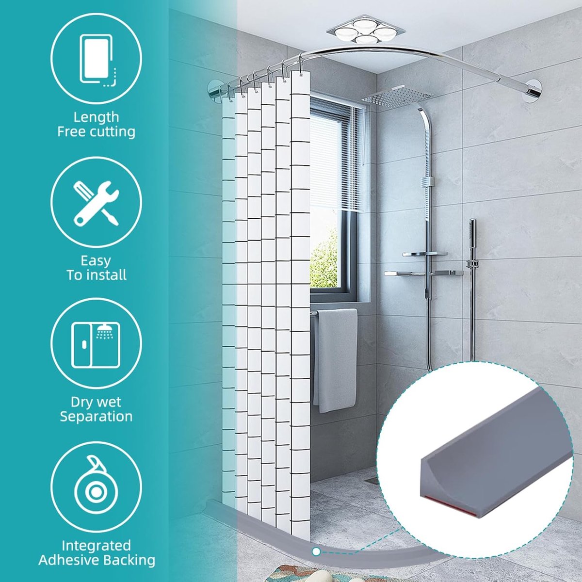 200*2*1.2 cm - Water-repellent strip - shower threshold - bendable waterproof strip - shower seal - kitchen accessories - bathroom accessories - for glass walls, shower floors, kitchen countertops - grey - Image 2