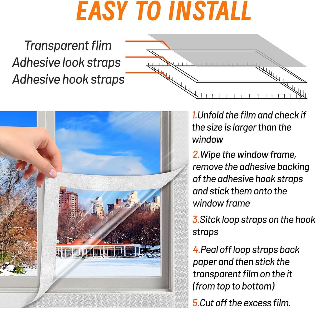 Window Film - Thermal Insulation for Windows - Window Film Insulation Sealing Set - Winter Window Insulation Set - Window Insulation Film - Winter Insulation Window Covering Set - Self-Adhesive - with Velcro - for windows and skylights - transparent - 120 - Image 6