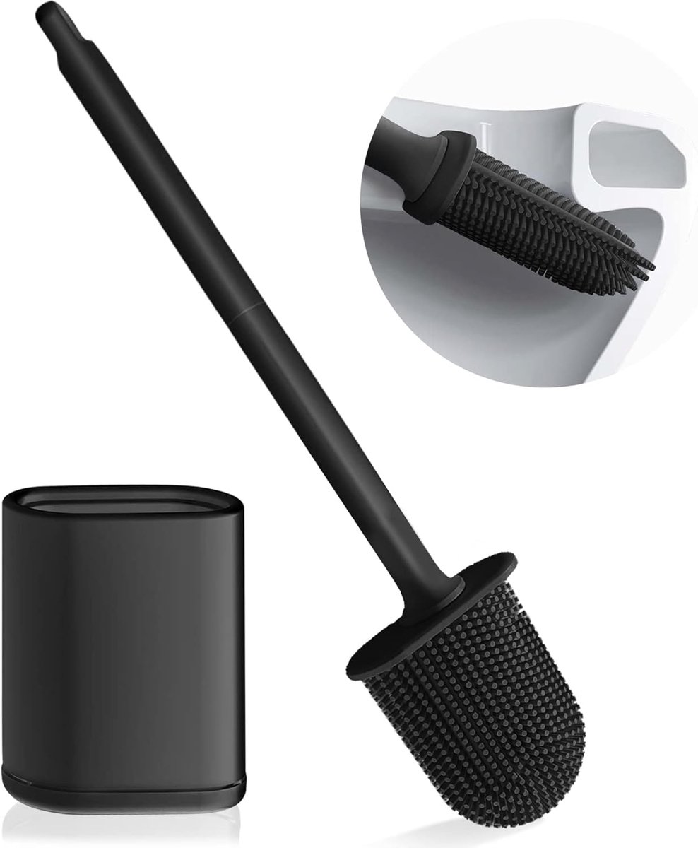 Toilet brush and holder set - Toilet brush - Deep cleaning - Silicone toilet brush - Flexible toilet brush head - Wall mounting - Freestanding toilet brush holder - Black - Image 1