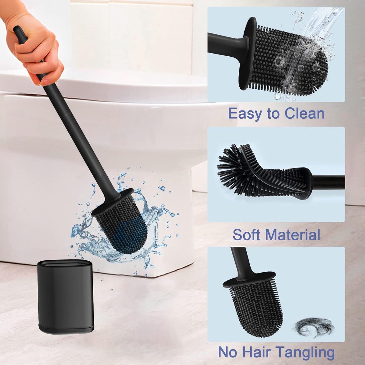 Toilet brush and holder set - Toilet brush - Deep cleaning - Silicone toilet brush - Flexible toilet brush head - Wall mounting - Freestanding toilet brush holder - Black - Image 2