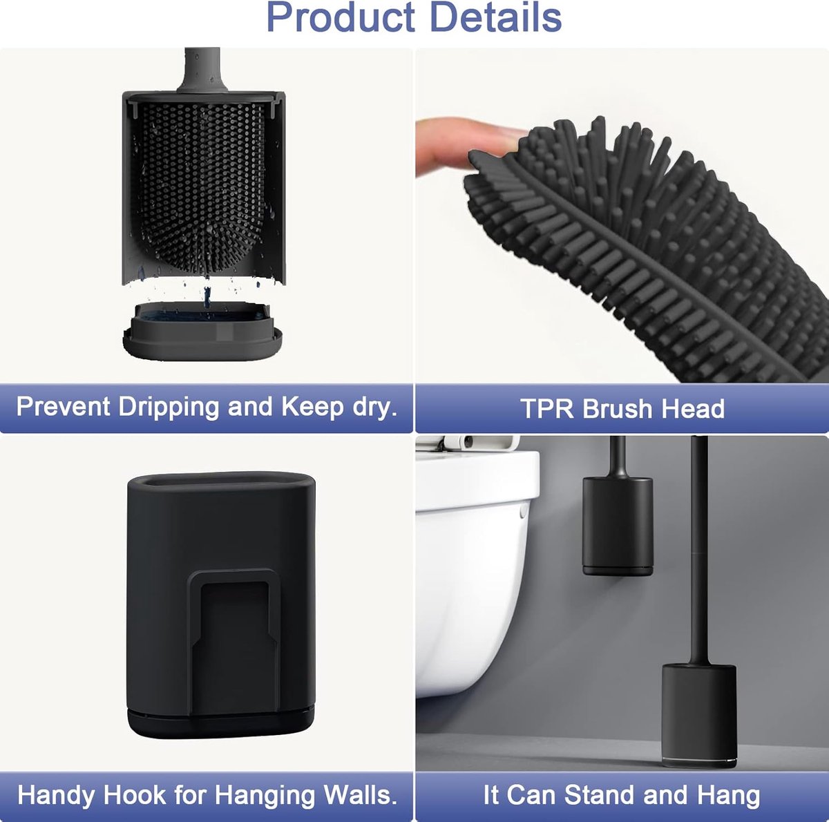 Toilet brush and holder set - Toilet brush - Deep cleaning - Silicone toilet brush - Flexible toilet brush head - Wall mounting - Freestanding toilet brush holder - Black - Image 4