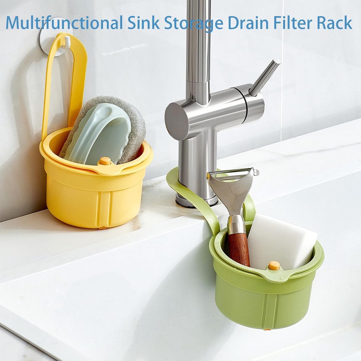 Drain Basket - Drain Filter - Sink Storage Holder - Faucet Hanging Strainer - Sink Drain Basket - Sink Strainer Basket - Sink Food Waste Collection Bin - Sink Trash Can - Plastic Kitchen Sink Strainer - Food Fruit Vegetable Drying Rack - Green - Image 4