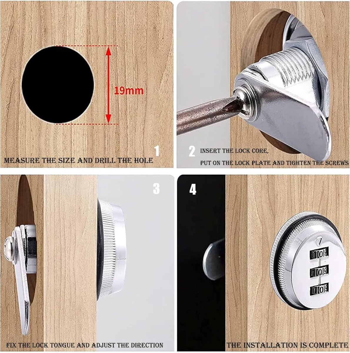 2 pieces - Combination lock - 62*38 mm - Suitable for panel thicknesses of 15-25 mm - Cabinet locks - Drawer locks - secure drawer mailbox cabinet code lock - for cabinet drawer mailbox - black - Image 4