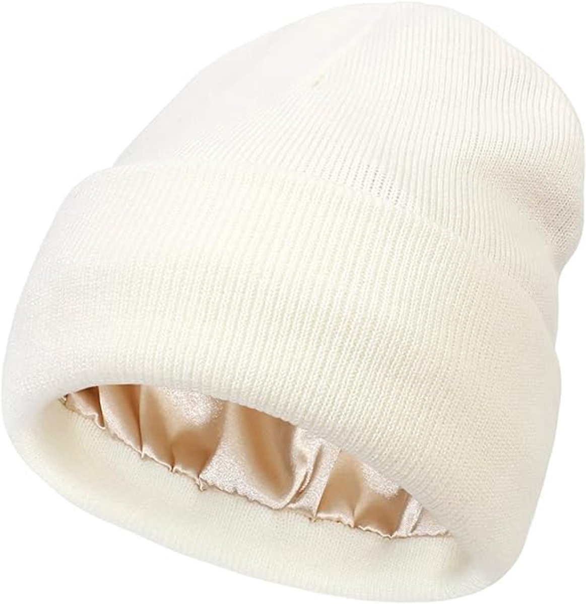 Hat - Knitted hat - Winter hat - Warm hat - Hat with satin lining - warm winter hat - knitted winter hat with fold-over brim - silk lining - soft knitted hat - warm and comfortable - for women and men - white - Image 1