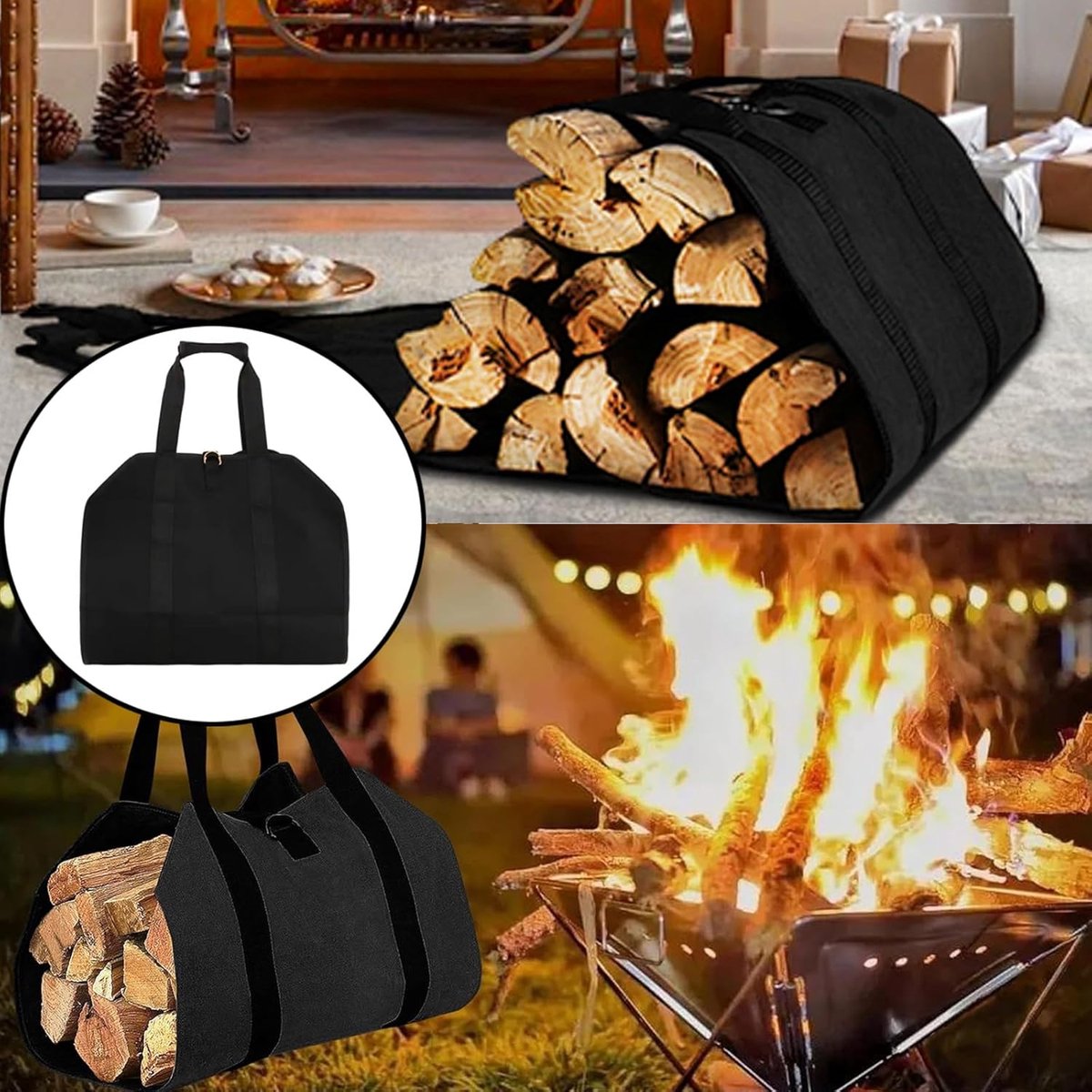 Firewood bag - Firewood sack - Firewood bag - Firewood carrying bag - Firewood carrying bag - Outdoor camping wood bag - large waterproof carrying bag - with non-slip handles - storage bag - firewood storage - for wood stoves and camping - 46*98 cm - blac - Image 3