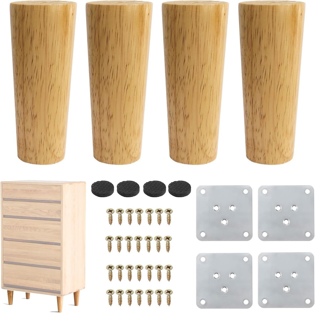 4 pieces - 15 cm - Furniture legs - Table legs - wooden furniture legs - solid tapered wooden table legs - replacement sofa legs - with screws and anti-slip protector - for TV cabinet, wardrobe, sofa, armchair, bed - brown - Image 1