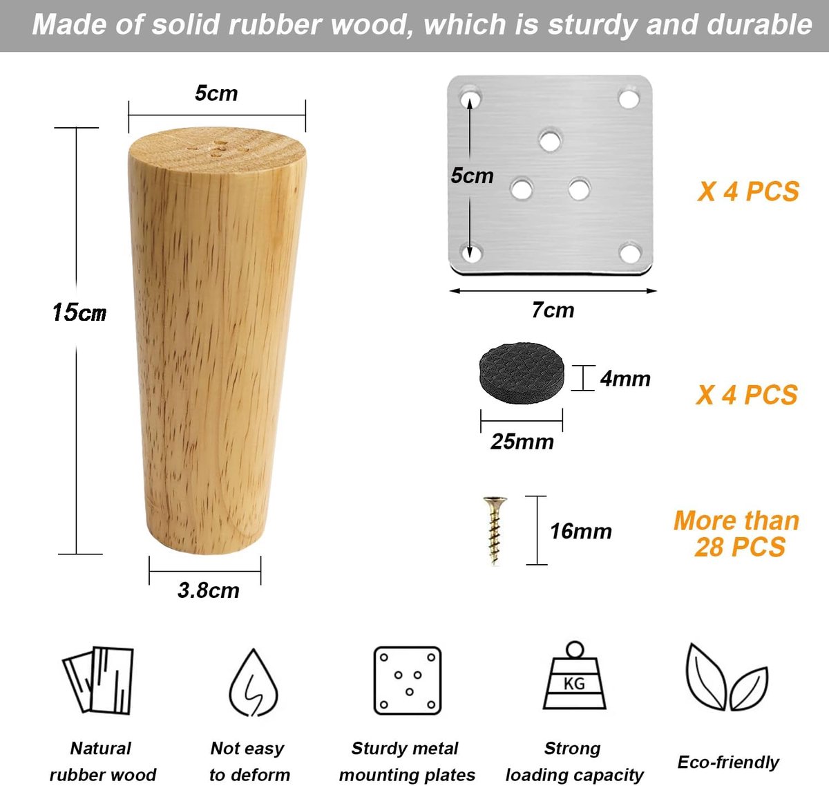 4 pieces - 15 cm - Furniture legs - Table legs - wooden furniture legs - solid tapered wooden table legs - replacement sofa legs - with screws and anti-slip protector - for TV cabinet, wardrobe, sofa, armchair, bed - brown - Image 2
