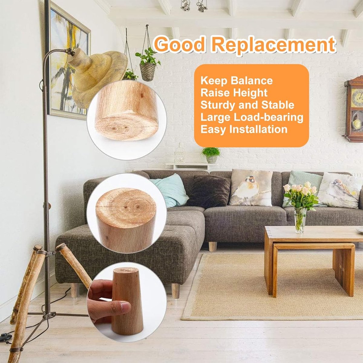 4 pieces - 15 cm - Furniture legs - Table legs - wooden furniture legs - solid tapered wooden table legs - replacement sofa legs - with screws and anti-slip protector - for TV cabinet, wardrobe, sofa, armchair, bed - brown - Image 6