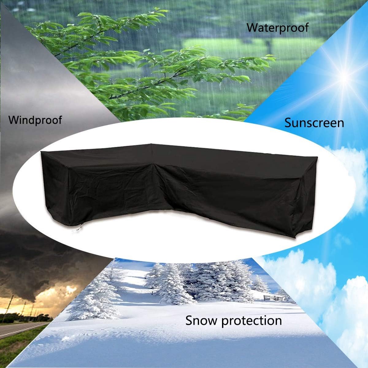 L-shaped garden bench cover - Garden furniture cover - L-shaped garden furniture protective cover with drawstrings at the bottom - Protective cover for L-shaped lounge set - Weatherproof - 210D L-shaped garden furniture tarpaulin - Black - 286 × 222 × 82c - Image 2