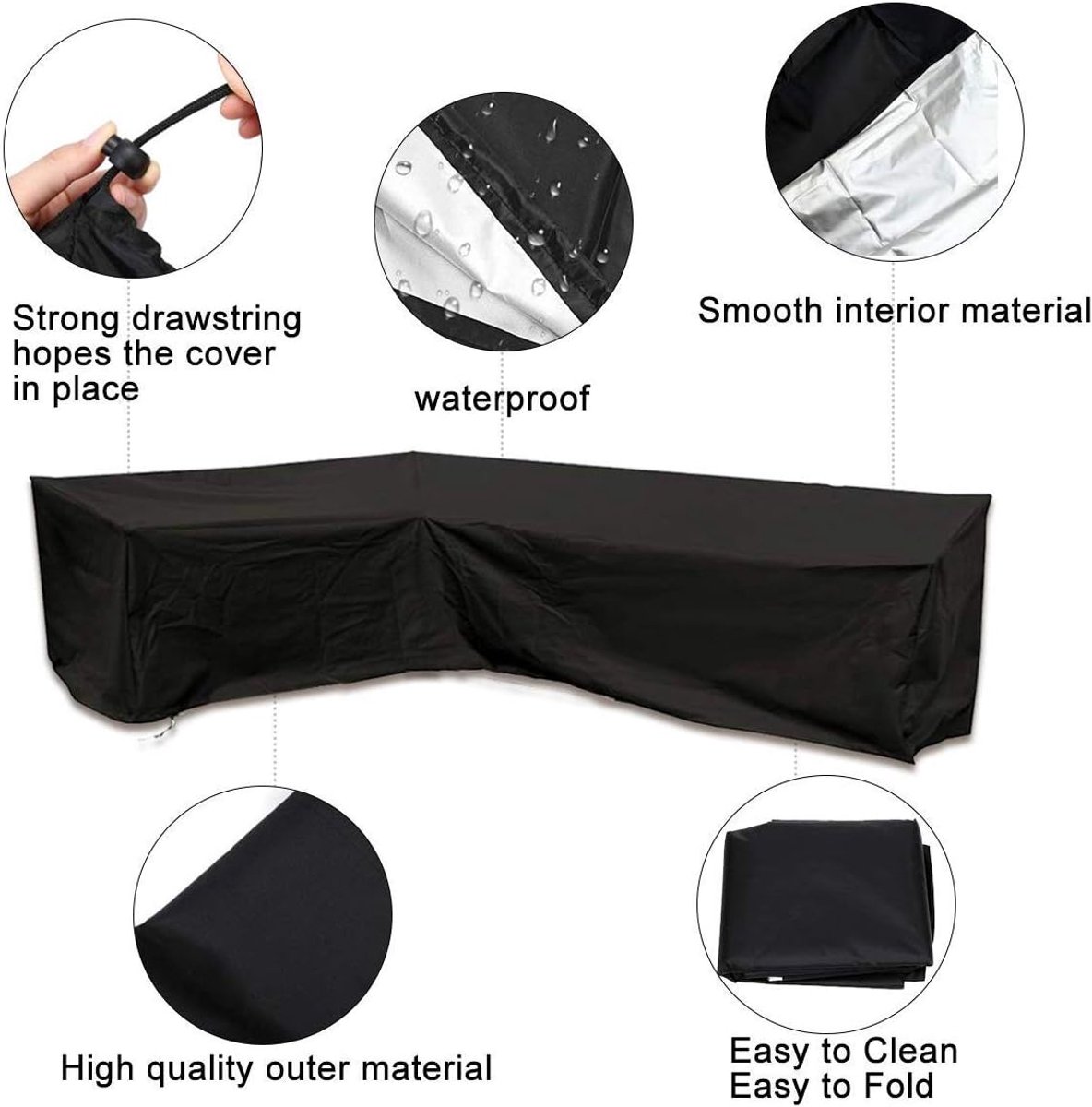L-shaped garden bench cover - Garden furniture cover - L-shaped garden furniture protective cover with drawstrings at the bottom - Protective cover for L-shaped lounge set - Weatherproof - 210D L-shaped garden furniture tarpaulin - Black - 286 × 222 × 82c - Image 3