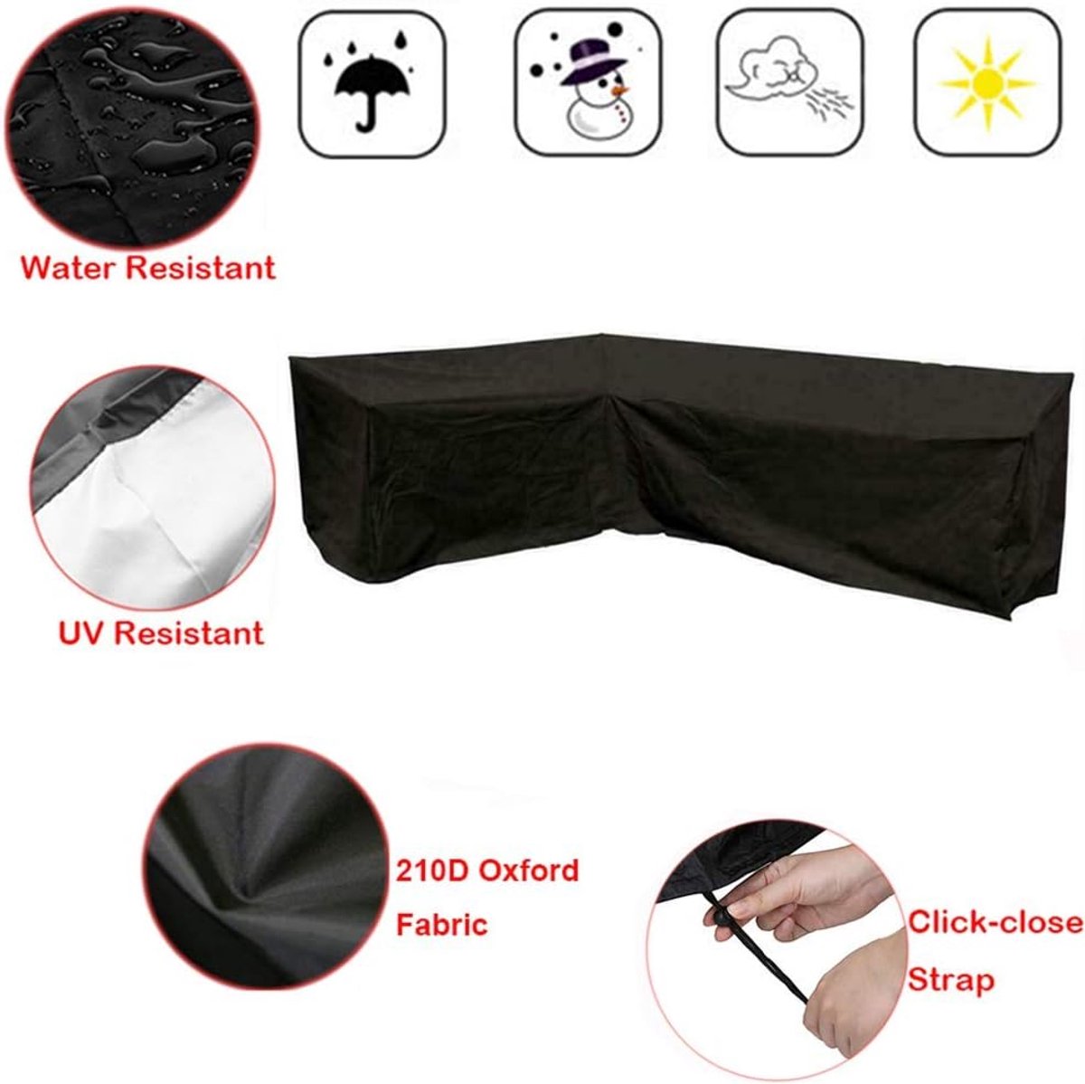 L-shaped garden bench cover - Garden furniture cover - L-shaped garden furniture protective cover with drawstrings at the bottom - Protective cover for L-shaped lounge set - Weatherproof - 210D L-shaped garden furniture tarpaulin - Black - 286 × 222 × 82c - Image 4