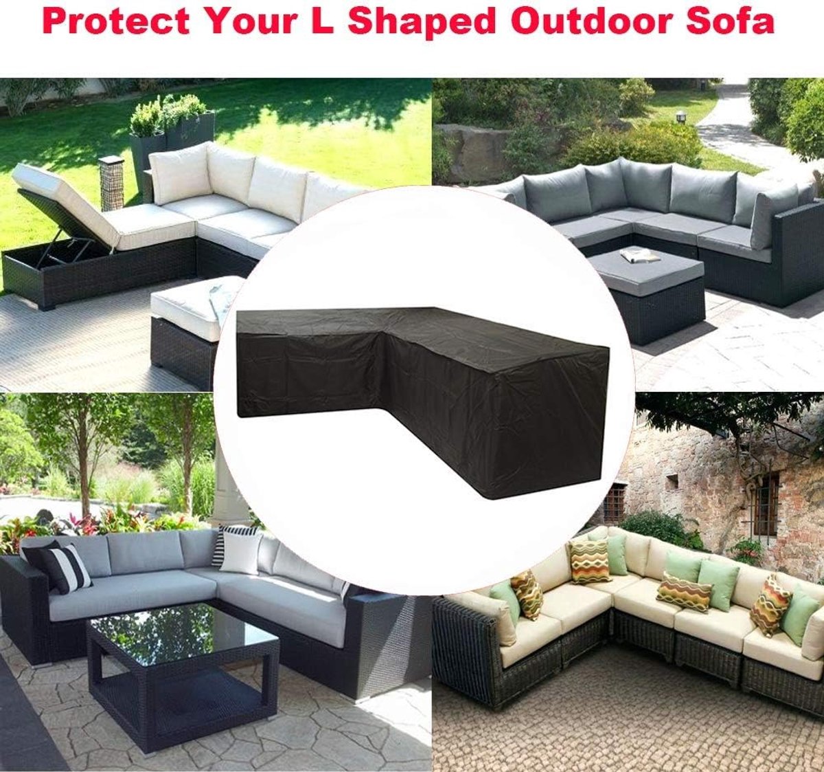L-shaped garden bench cover - Garden furniture cover - L-shaped garden furniture protective cover with drawstrings at the bottom - Protective cover for L-shaped lounge set - Weatherproof - 210D L-shaped garden furniture tarpaulin - Black - 286 × 222 × 82c - Image 5