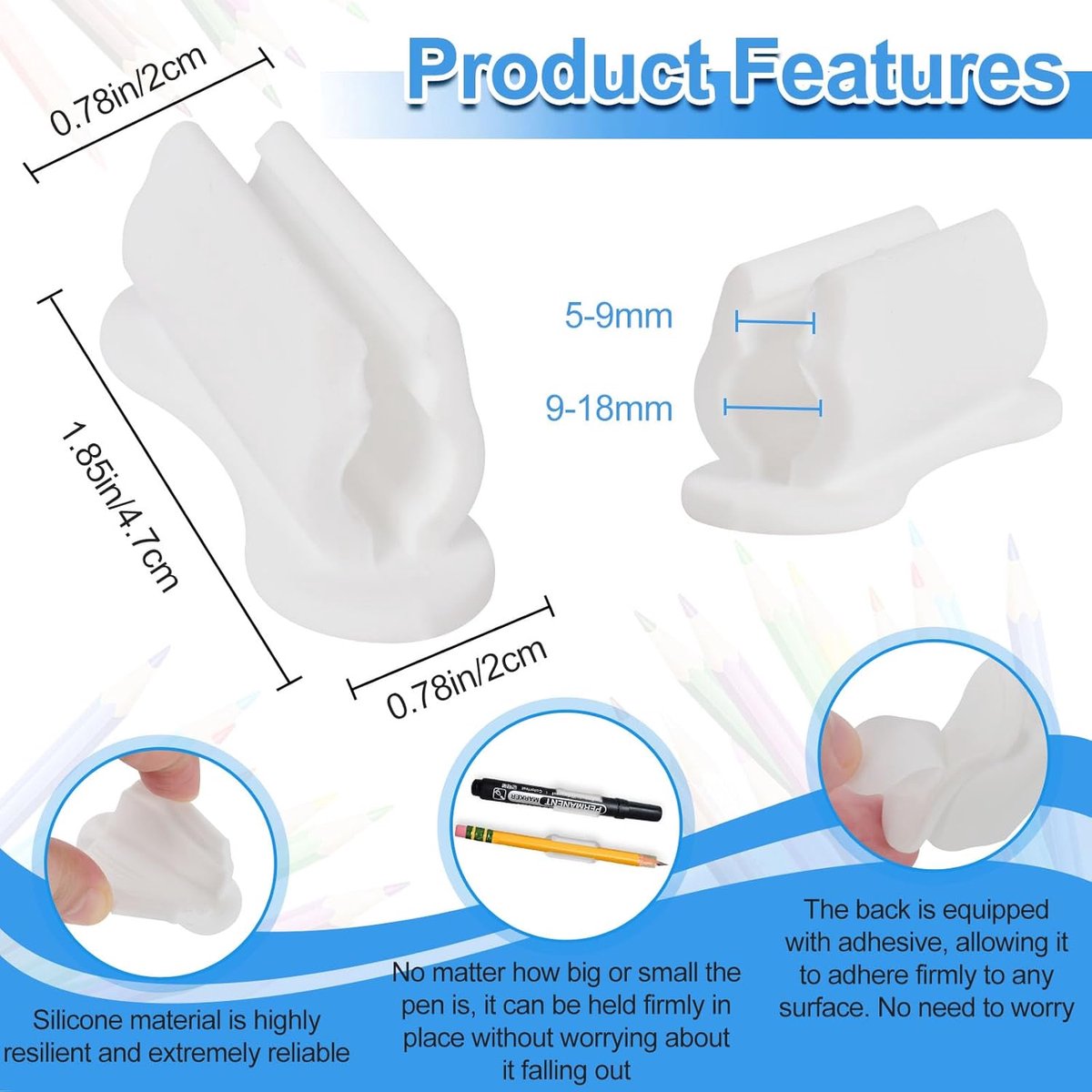 22 pieces - pen holder - pen holder for desk - self-adhesive silicone pen holder - for clipboard mounting in classroom - highlighter holder - pencil holder - for desk, classroom, office accessories - white - 2*4.7 cm - Image 5