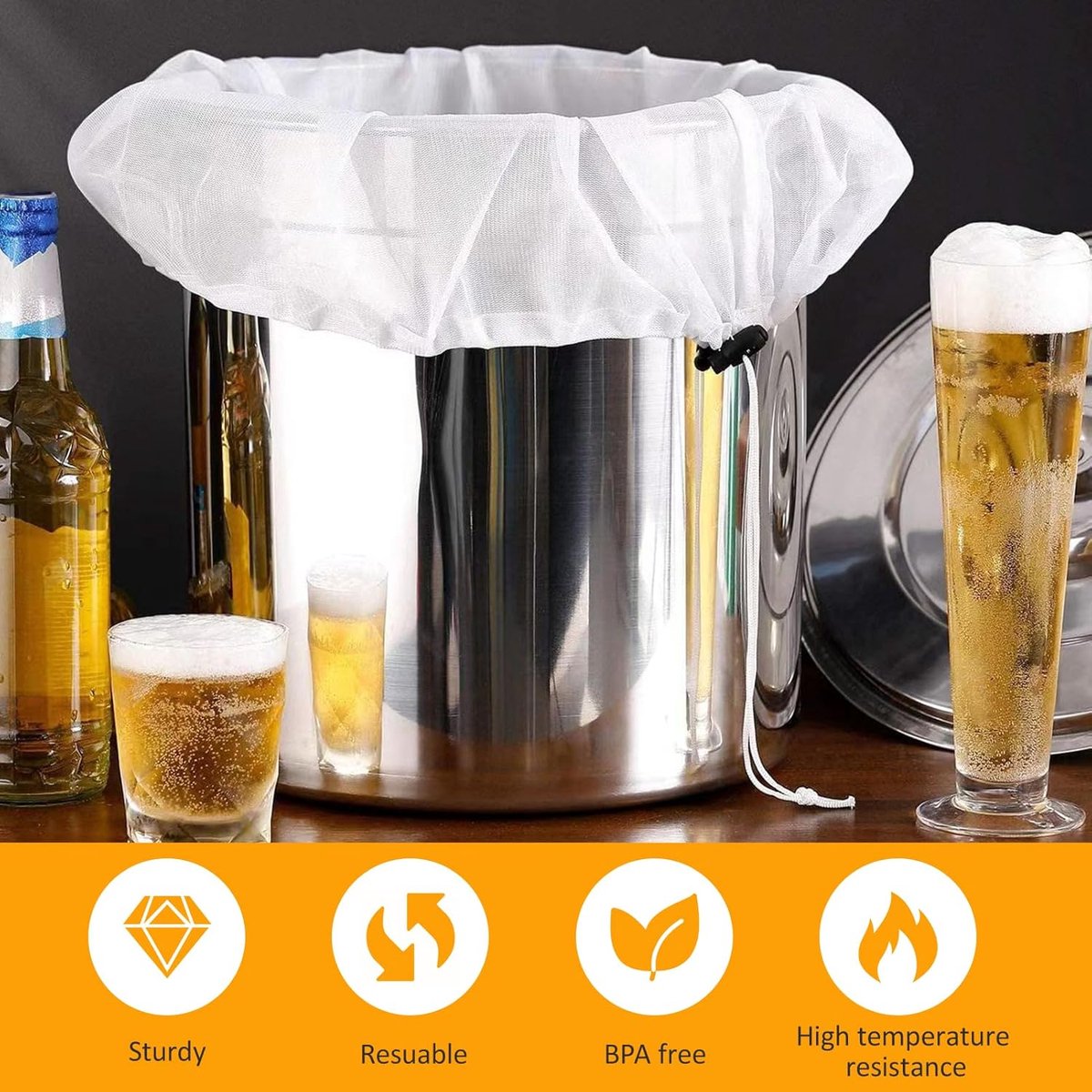 3 pieces - Filter bags - Brew filter bags - Brew bags - Filter Mesh Bags - Strainer cloth - Drawstring filter bags - Fine mesh sieve bags - Reusable - Fine mesh filter wine bag - Beer press - With fine mesh sieve and drawstring closure - 46*40 cm - Image 4