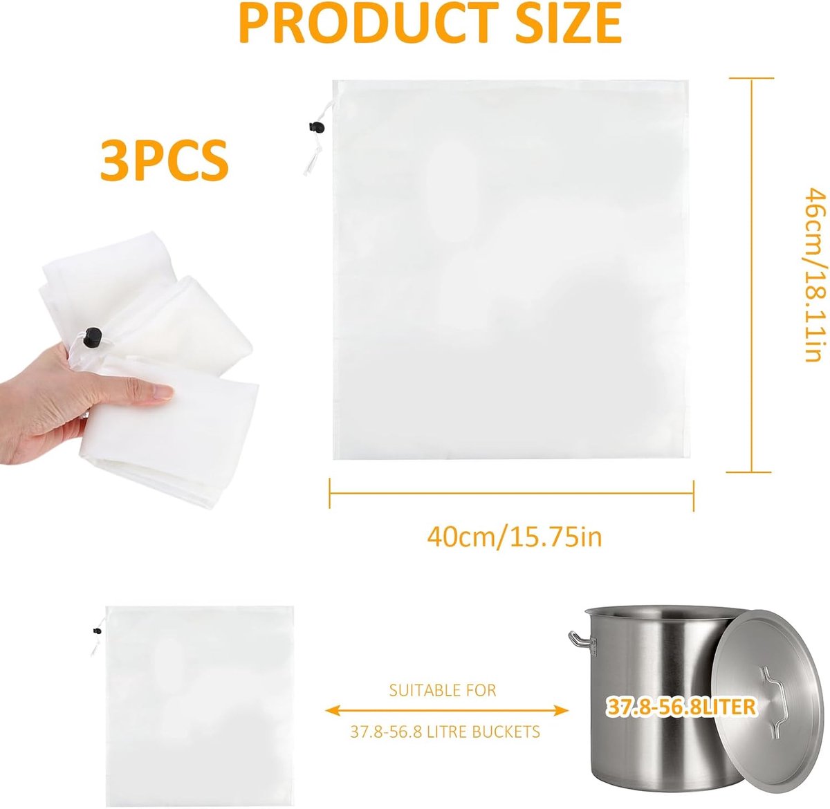 3 pieces - Filter bags - Brew filter bags - Brew bags - Filter Mesh Bags - Strainer cloth - Drawstring filter bags - Fine mesh sieve bags - Reusable - Fine mesh filter wine bag - Beer press - With fine mesh sieve and drawstring closure - 46*40 cm - Image 5