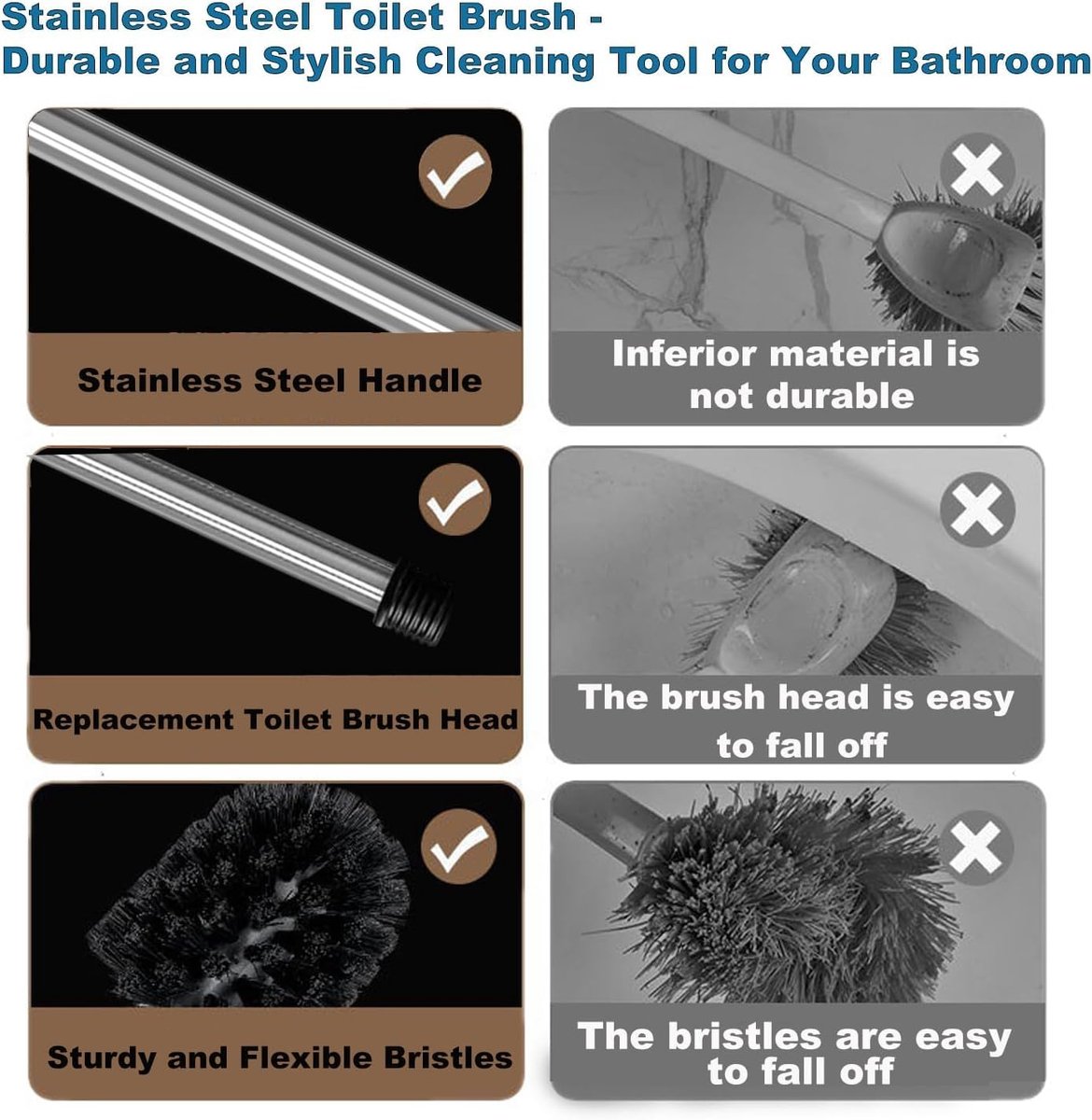 2 pieces - Toilet brush - Stainless steel toilet brush - With screw head - WC brush - Toilet brush - With handle - Stainless steel handle - Universal - Replacement toilet brushes - The brush heads are individually replaceable - Black - Image 3