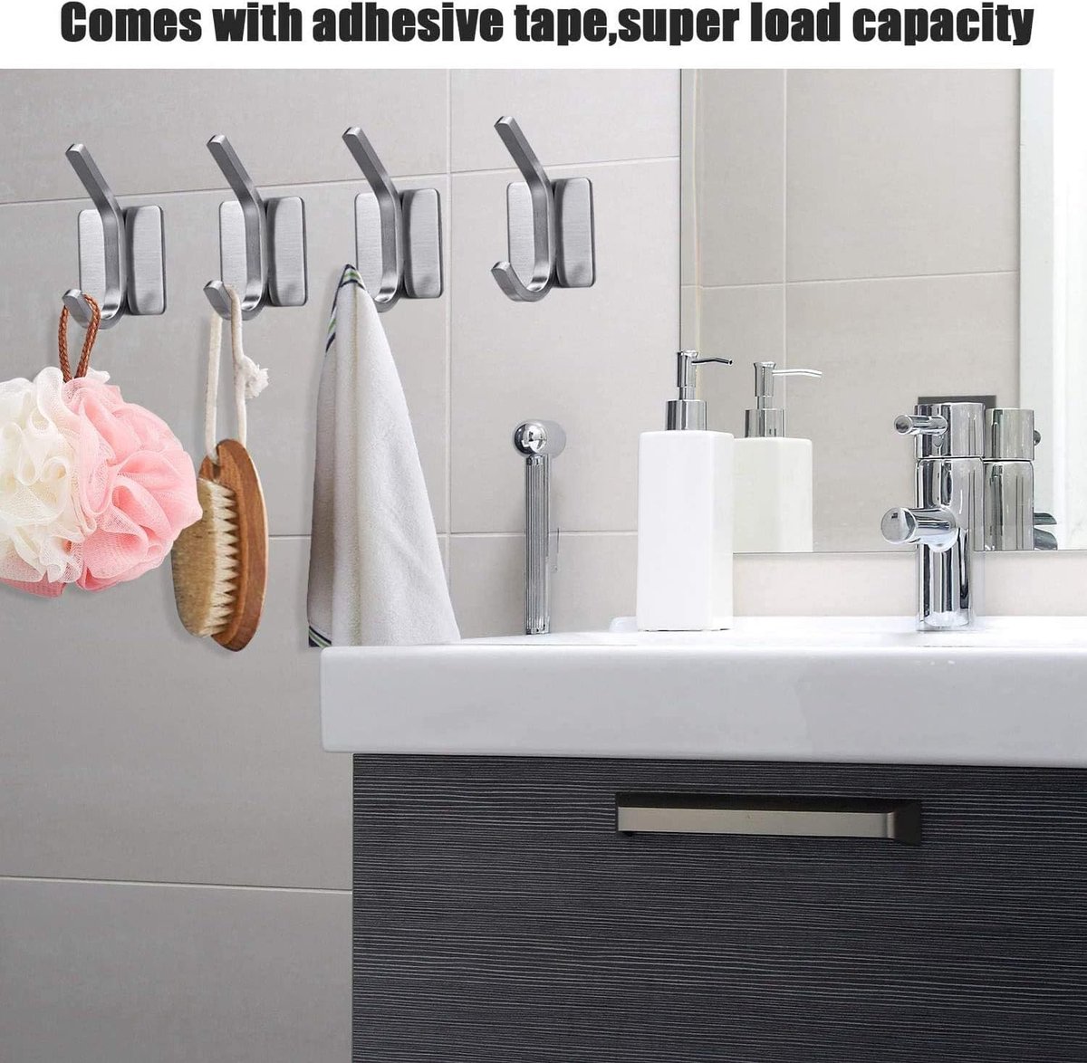 4 pieces - 8*4.5*3.5 cm - Stainless steel hook - self-adhesive towel hooks - Towel hook - Self-adhesive hook - Square hook - adhesive hooks - adhesive wall hooks - towel hooks - for bathroom, kitchen, home and office - silver - Image 3