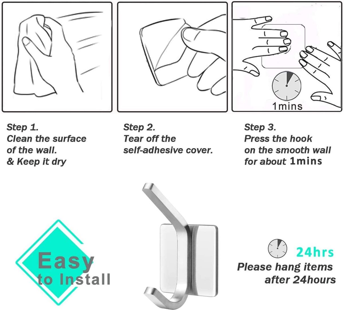 4 pieces - 8*4.5*3.5 cm - Stainless steel hook - self-adhesive towel hooks - Towel hook - Self-adhesive hook - Square hook - adhesive hooks - adhesive wall hooks - towel hooks - for bathroom, kitchen, home and office - silver - Image 4