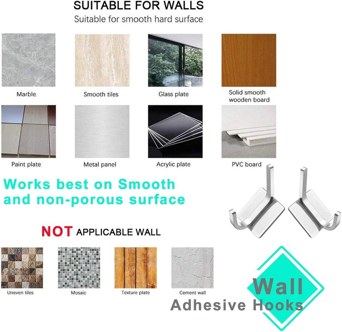 4 pieces - 8*4.5*3.5 cm - Stainless steel hook - self-adhesive towel hooks - Towel hook - Self-adhesive hook - Square hook - adhesive hooks - adhesive wall hooks - towel hooks - for bathroom, kitchen, home and office - silver - Image 6