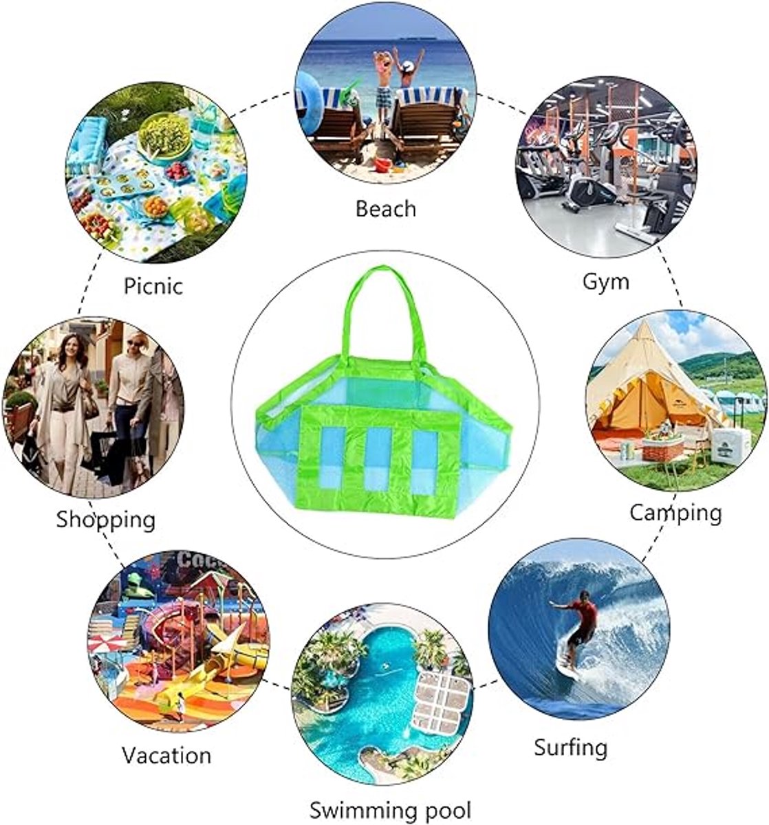2 pieces - beach bag - 45*45*30 cm - mesh beach bag - lightweight beach bag - foldable storage bag - suitable for children's beach trips, toys, towels and beach shoes - green - Image 4
