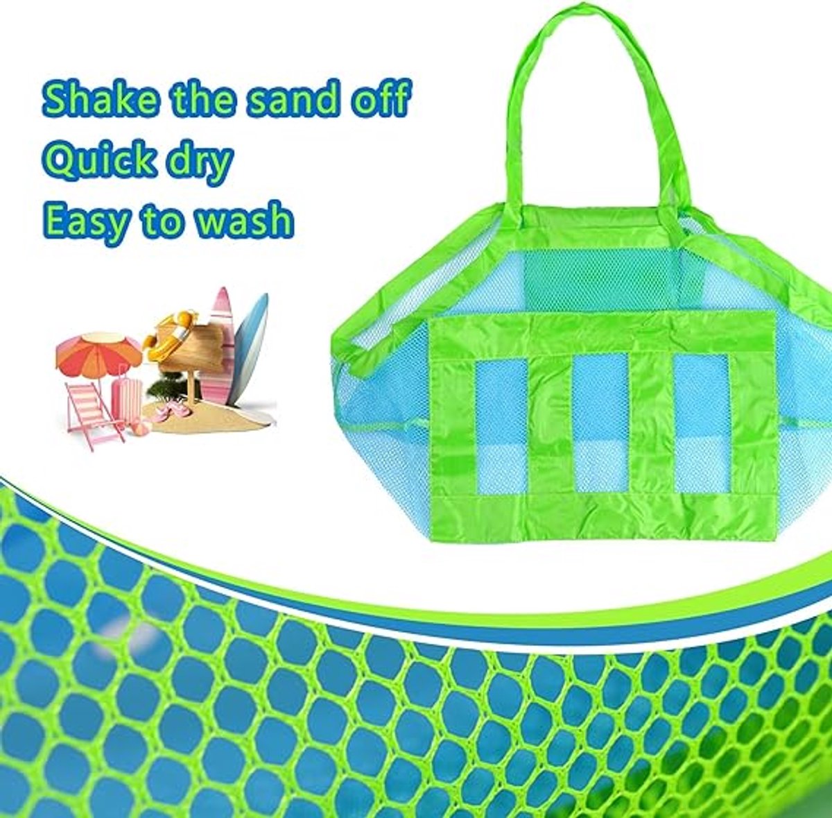 2 pieces - beach bag - 45*45*30 cm - mesh beach bag - lightweight beach bag - foldable storage bag - suitable for children's beach trips, toys, towels and beach shoes - green - Image 5
