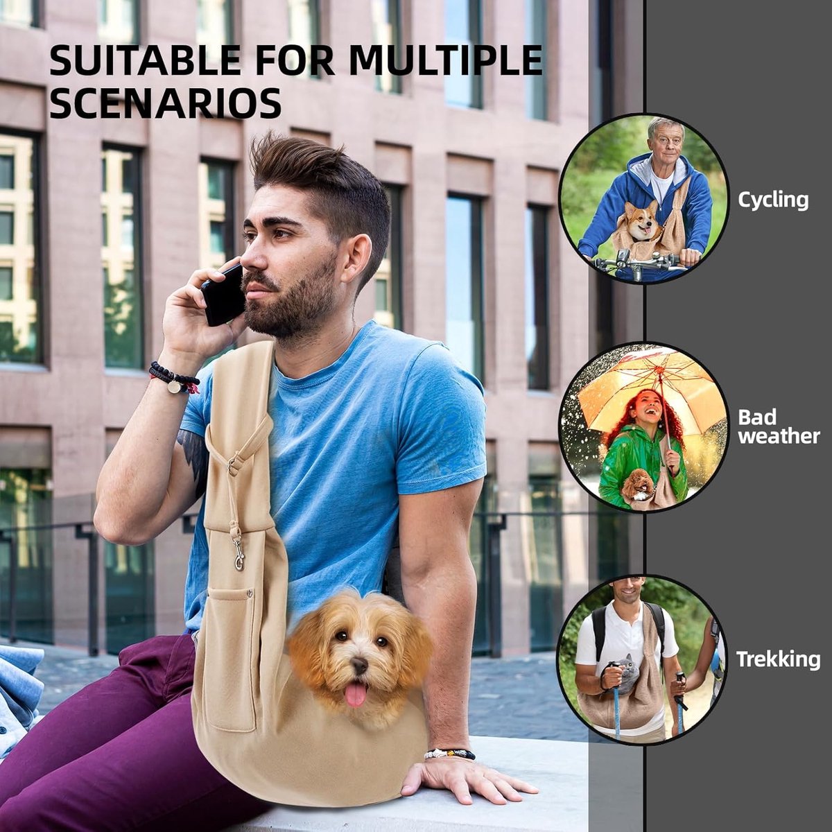 Dog carrier bag - reversible puppy carrier bag - pet bag - cat backpack - dog and cat carrier bag - with storage compartment - shoulder bag - hands-free dog carrier bag - for small dogs and cats - Khaki - Image 3