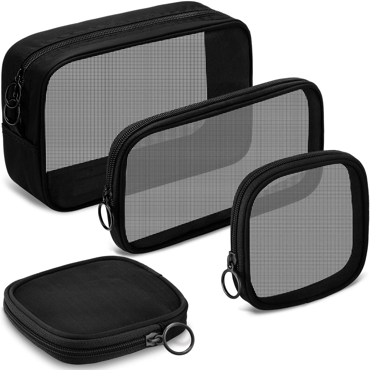 4 pieces - Cosmetic bag - Travel toiletry bag - Storage bag - mesh cosmetic bag - travel bag with zipper - mini makeup bag - for daily accessories - for travel and daily use - small, large, medium - black - Image 1