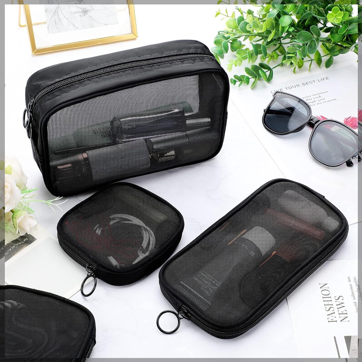4 pieces - Cosmetic bag - Travel toiletry bag - Storage bag - mesh cosmetic bag - travel bag with zipper - mini makeup bag - for daily accessories - for travel and daily use - small, large, medium - black - Image 5