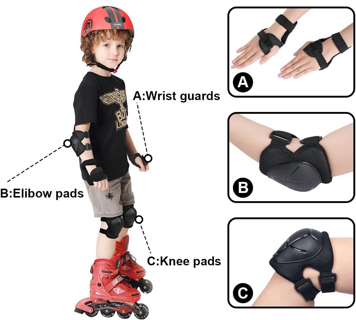 Kids Skate Protection Set - Protective covers for children's roller skates - Skate protection - Protection set for roller skates - Knee pads for children - Includes knee pads, elbow pads and wrist pads - knee pad set - Black - Image 2