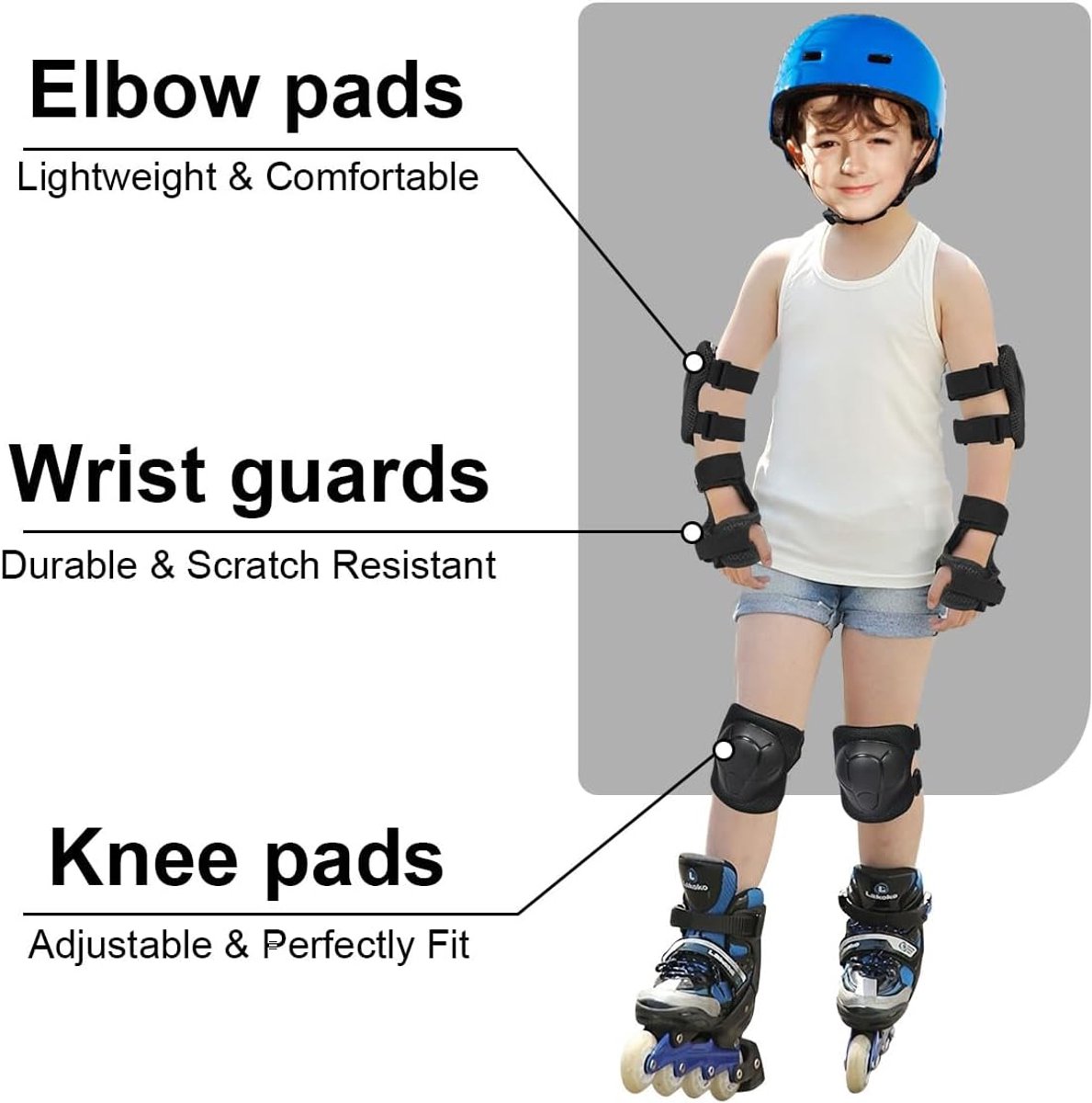 Kids Skate Protection Set - Protective covers for children's roller skates - Skate protection - Protection set for roller skates - Knee pads for children - Includes knee pads, elbow pads and wrist pads - knee pad set - Black - Image 3
